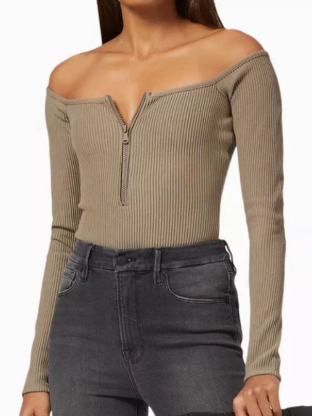 Good American Olive Ribbed Zip-Front Scoop Bodysuit